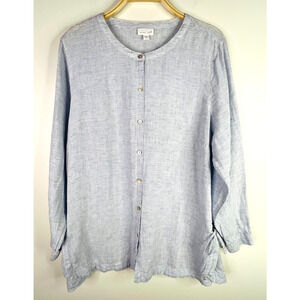 J Jill Love Linen Top‎ Sz XL Blue White Striped Button-Up Side Ties Long Sleeve